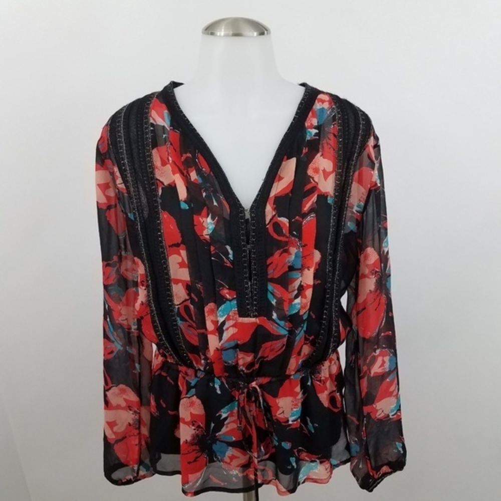 Ella Moss Top XS Blouse Black Red Floral‎ B…